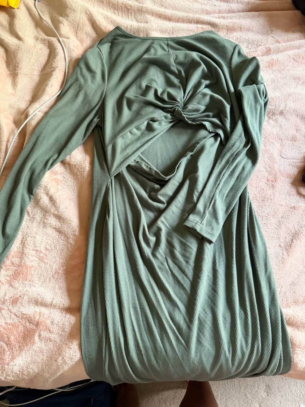 Women's Ribbed Long-Sleeve Twist Front Sleep Dress in Sage